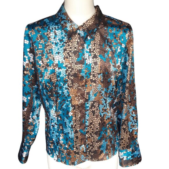 laura Tops - Laura Studio SZ18 Satin Finish Geometric Button Up Women's Shirt, Blues & Browns